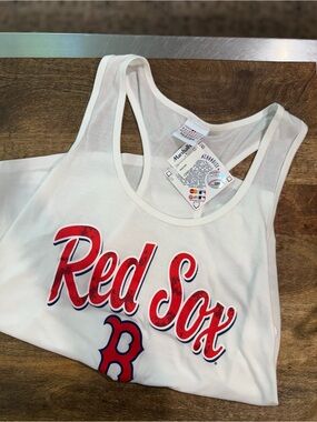 Woman's White Racerback Tank Top with Red and Navy 'Red Sox' Graphic